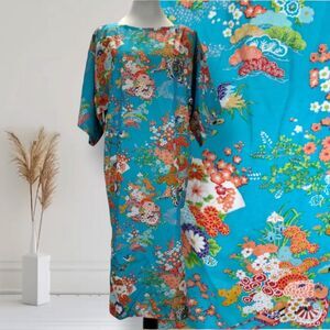 Vintage 60s Kimono Sleeve Kaftan Dress Size L Blue Rayon Floral Caftan Japan